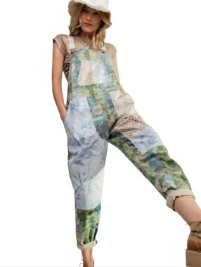 Easel Laney Mae Floral Patchwork Overalls in Water Paint EB50256 Size Small
